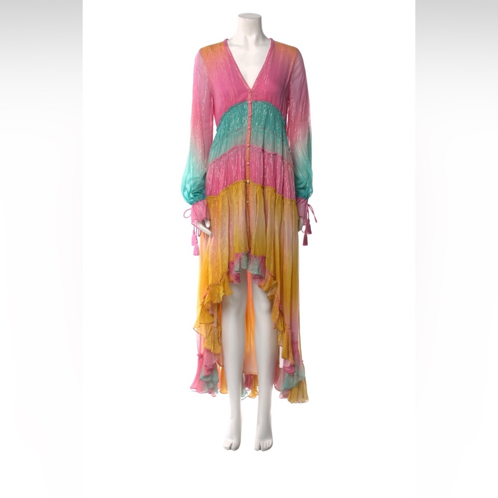 Rococo Sand Zale Metallic Pastel High Low Multicolor V-Neck Women's Dress